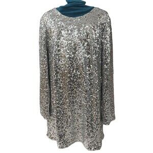 H&M Dress Size L Women’s Sequin Long Sleeve Stretch Cocktail Silver EUC